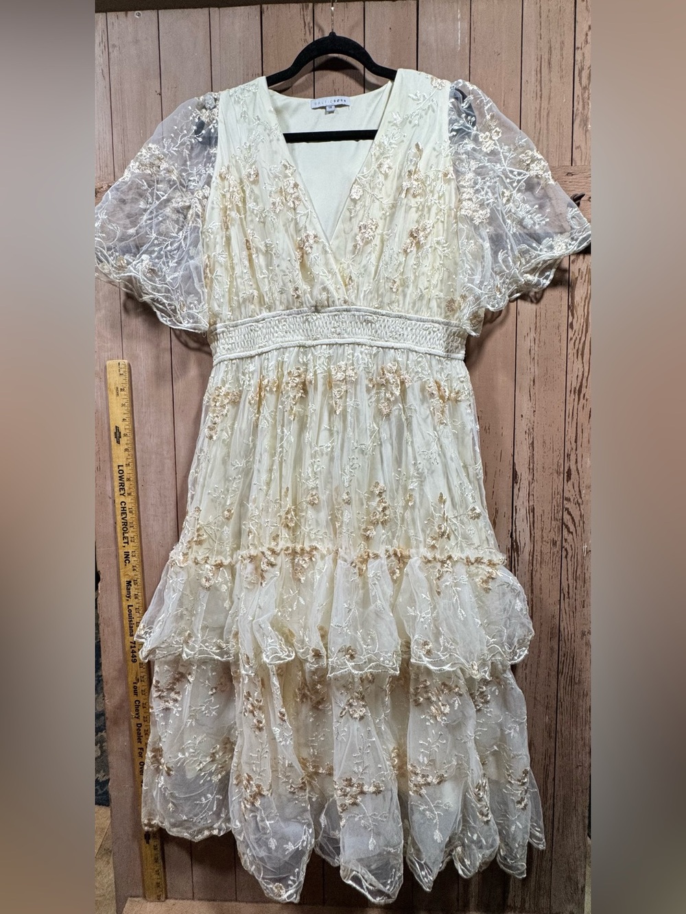 Baltic Born Cream Lace Tiered Midi Dress with Embroidered Florals